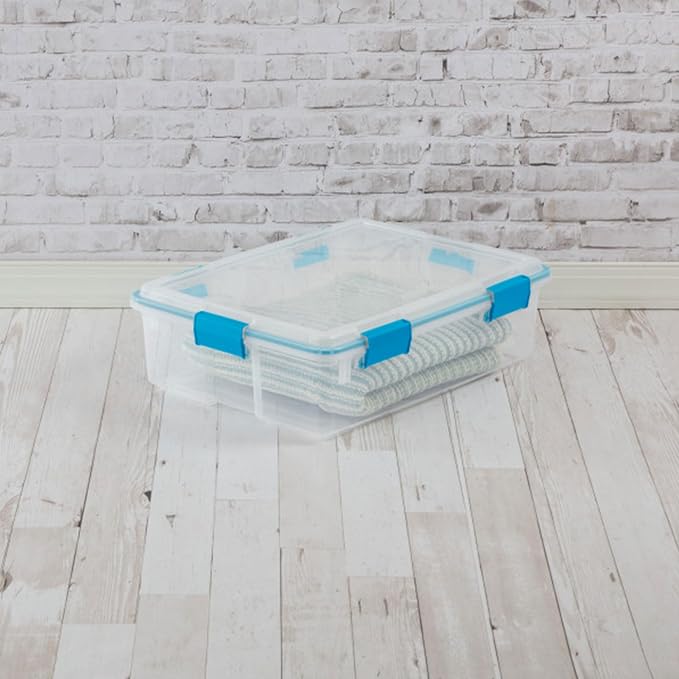 Sterilite Gasket Storage Box with Lids for Home & Office, 37 Quart, 12-Pack | Heavy-Duty, Stackable, and Organizing Containers for Bathroom, Cabinet, Closet, and Garage, Clear and Blue Aquarium Latches