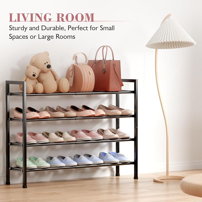 Bumusty 4 Tier Expandable Shoe Rack for Closet, Light Grey | 18"-33" Adjustable Shoe Rack for Entryway, Small Shoe Organizer for Dorm, Front Door, Sturdy Metal