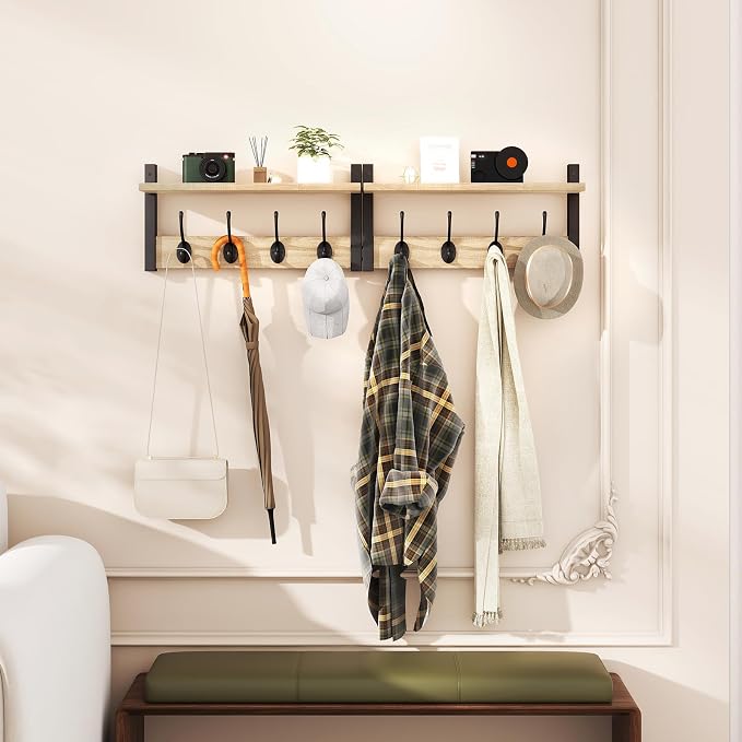 YMYNY Coat Rack Wall Mount with Shelf and Hooks, Light Natural HWS001R-2 | 2 Pack Wooden Wall Mounted Coat Hanger with Shelf and 8 Double Hooks, Wall Coat Rack for Entryway Hallway Bedroom Bathroom