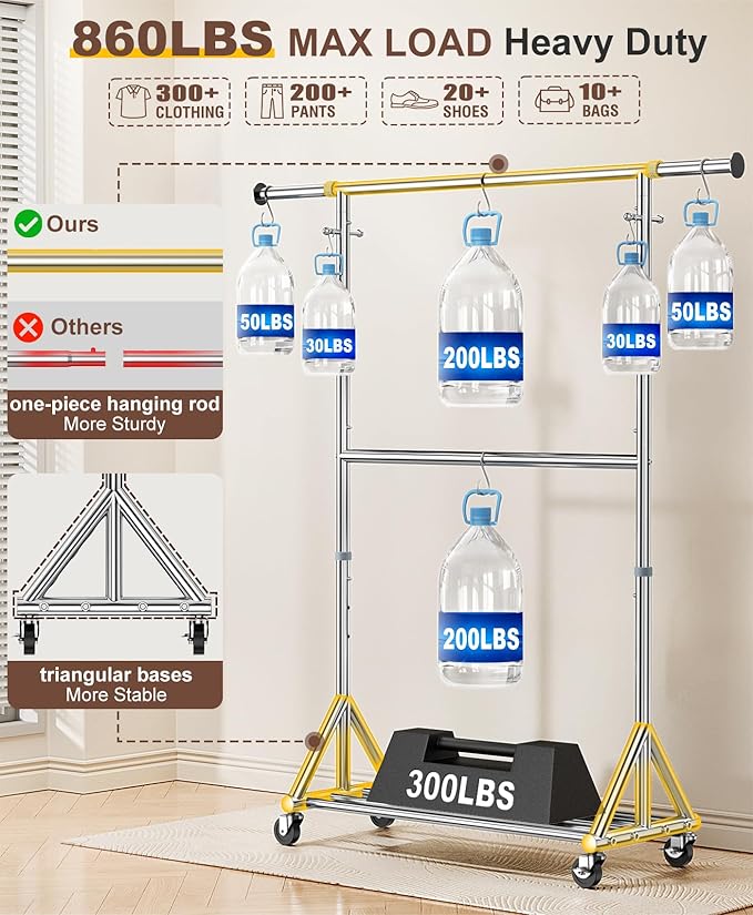 100% Stainless Steel Heavy Duty Clothes Rack Load 860 LBS, Two Tier Rolling Garment Rack with Wheels, Adjustable Double Rod Clothing Rack for Hanging Clothes, Closet Rack for Storage and Organization