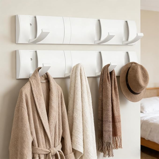 Folding Coat Hooks, Wall Mounted Coat Rack with 8 Retractable Hooks, Heavy Duty Towel Rack for Bathroom Wall Hook for Hanging Clothes Bathrobe, Stainless Steel Coat Hanger for Entryway(White)