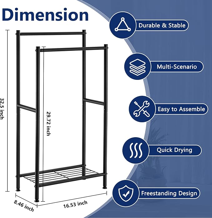 Free Standing Towel Rack, 2 Tier Towel Racks for Bathroom with Storage Shelves, Outdoor Standing Towel Drying Rack for Poolside, Black, DECLUTTR