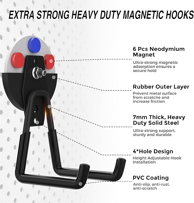 4Pcs Heavy Duty Storage Magnetic Utility Hooks Large Garage Strong Extra Magnet Hooks Hanger with Anti-Slip Coating Heavy Duty Magnetic Hooks for Hanging Power Dril Garage Garden Tools Black