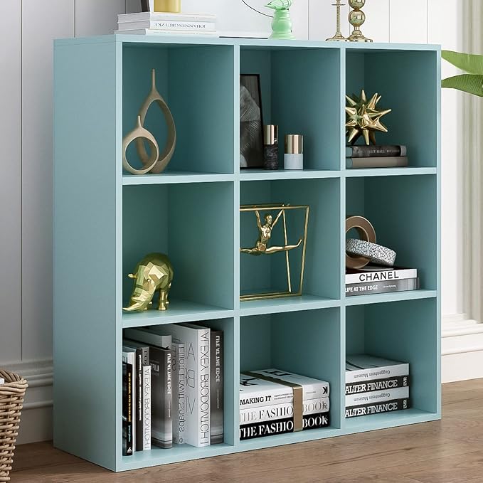 OSCHF 9-Cube Storage Shelf Bookcase, Light Blue | Wooden 3-Tier Open Bookshelf, Fits 11×11" Bins, Vertical or Horizontal Use, Full Back Panels, For Home Office