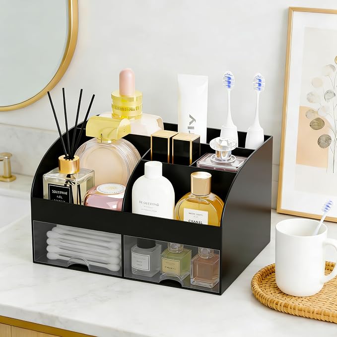 Makeup Organizer with 2 Drawers, Cosmetic Storage for Dresser Vanity and Bathroom Countertop,Make up organization and Skincare Storage with Beauty Brush Holder, Cosmetic Display Case (Black)