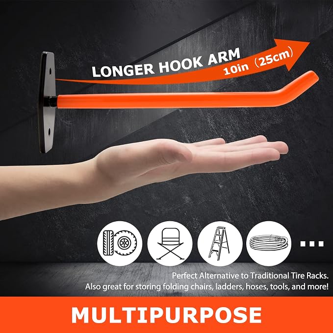 10 inch Garage Hooks Heavy Duty, Tire Wall Mount, Wheel Hanger | 4 Pack Large Ladder Hooks, Single Hanging Holder for Car Rims, Heavy Tools, Chairs and Bulky Tools, Rubber Coated | 88lbs