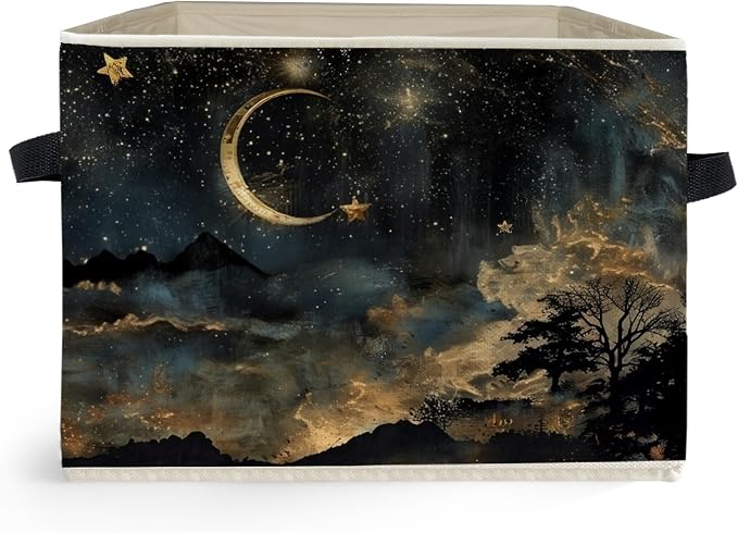 Mystical Crescent Moon Star Celestial Storage Box Bins, Moody Starry Night Sky Collapsible Storage Basket Organizer for Bedroom Laundry Room Home Clothes Books, Decor for Room