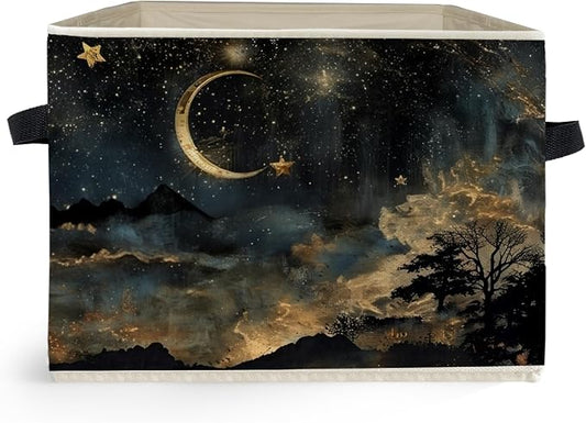 Mystical Crescent Moon Star Celestial Storage Box Bins, Moody Starry Night Sky Collapsible Storage Basket Organizer for Bedroom Laundry Room Home Clothes Books, Decor for Room