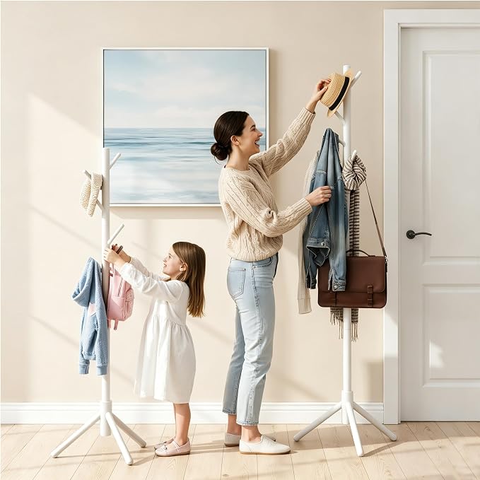 Wooden Coat Rack Freestanding | Coat rack with 8 Hooks & 3 Adjustable Sizes for Clothes, Space-Saving Design for Bedroom Office Entrance Holds Hats Coats