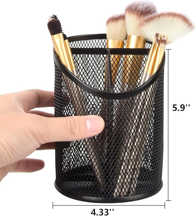 MINDEPOT 2 Pack Pencil Holder Pen Cup for Desk Round Pen Organizer | Mesh Black Pen Holder, Duty Metal, 3 Compartments, Desk Organizer for Home School