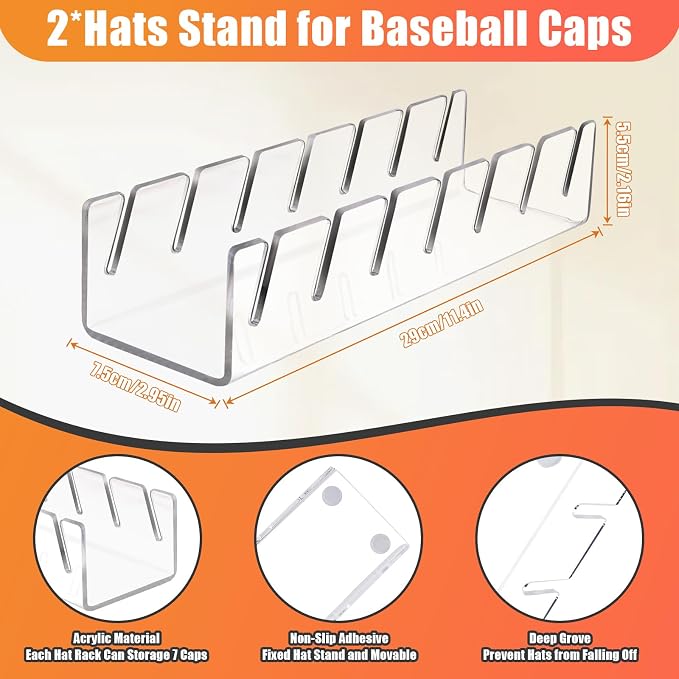 Hat Organizer for Baseball Caps Hat Rack Acrylic Hat Stand 2Pack No Install | Hat Storage for 14 Baseball Caps Closet Organization Hat Holder Display Baseball Cap Organizer for Closet, Bedroom, Dresser