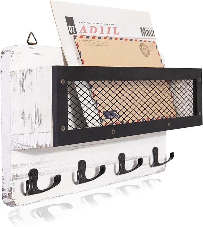 ADIIL Mail and Key Holder for Wall Decorative, Wooden Wall Mount Key Rack Hanger Organizer with 4 Double Key Hooks, Rustic Home Decor for Entryway Hallway, White