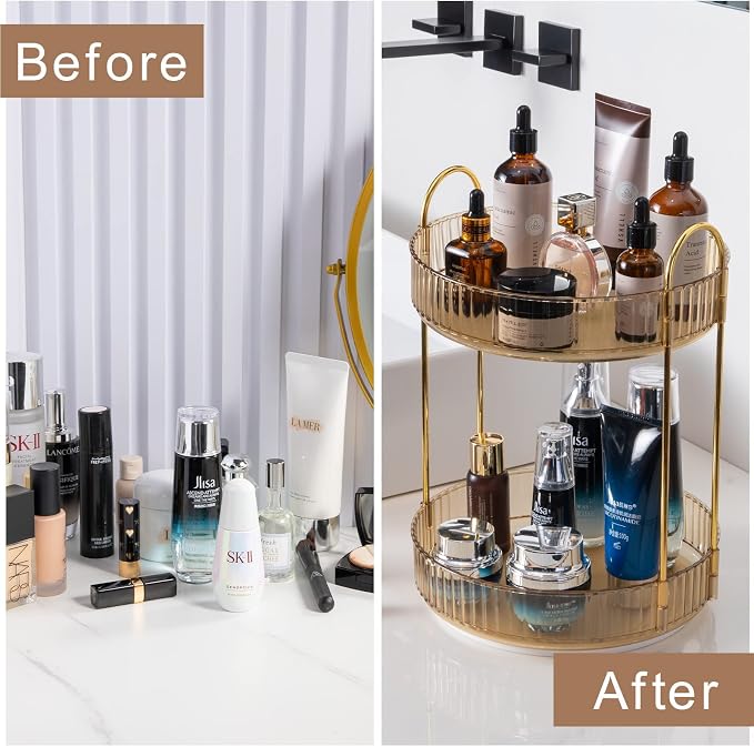 shuang qing Rotating Makeup Organizer for Vanity, High-Capacity Skincare Clear Make Up Storage Perfume Organizers Cosmetic Dresser Organizer Countertop 360 Spinning (Gold, 2 Tier)