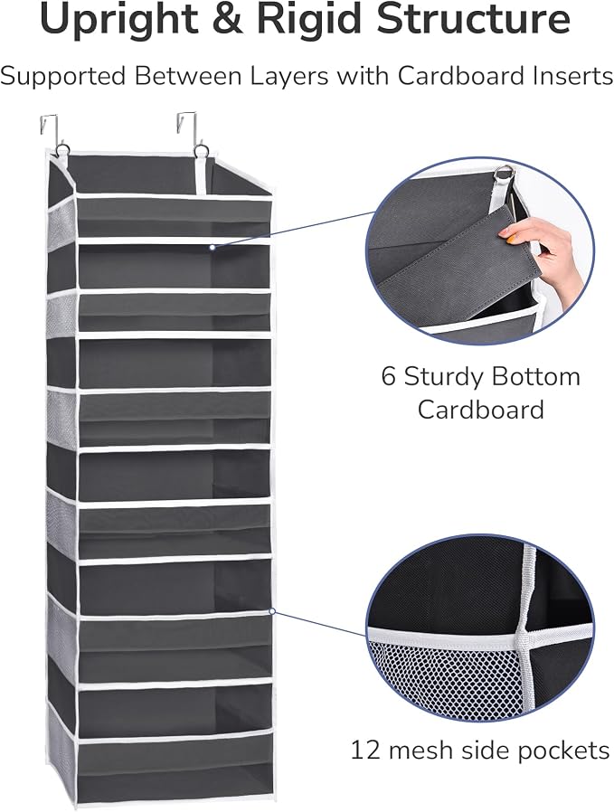 ULG Over The Door Organizer with 6 Large Pockets 12 Side Pockets, 50lbs Weight Capacity Door Hanging Organizer for Bedroom, Bathroom, Pantry, Nursery Storage, Dark Gray