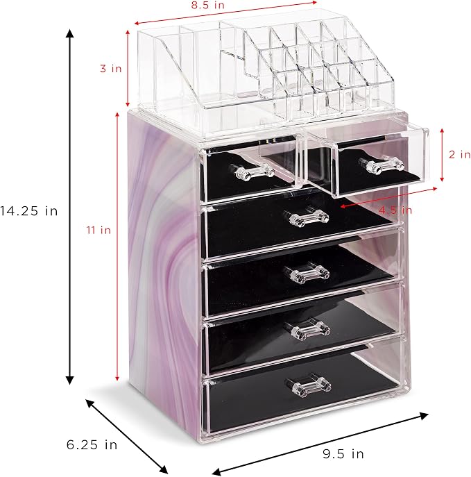 Sorbus Acrylic Makeup Organizer Set, 6-Drawer Vanity & Countertop Cosmetic Storage with Small & Wide Compartments, Tie Dye Makeup Storage for Brushes, Jewelry – Holiday Gift for Women & Teens