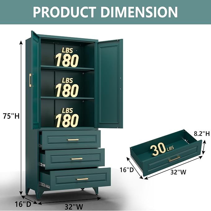Polup 75" Metal Storage Cabinet, Kitchen Pantry Cabinet with 3 Drawers | Heavy-Duty Green Tall Cabint with 2 Doors and 3 Adjustable Shelves, Magnetic Latch, Gold Handles, for Dining Living Room