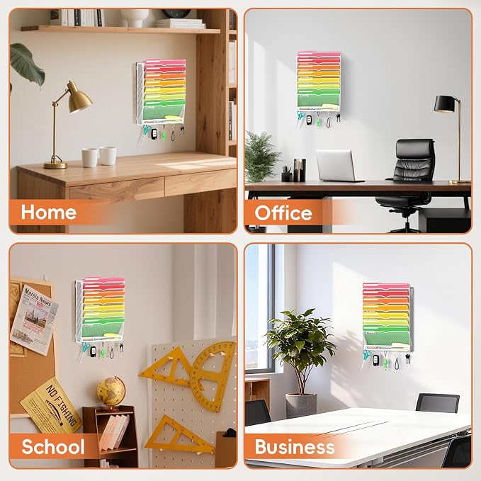 8-Tier Wall File Organizer with Hook, Hanging File Organizer White | Wall-mounted mail storage holds papers, folders, files, clipboards and magazines, assembly required for office or home use.