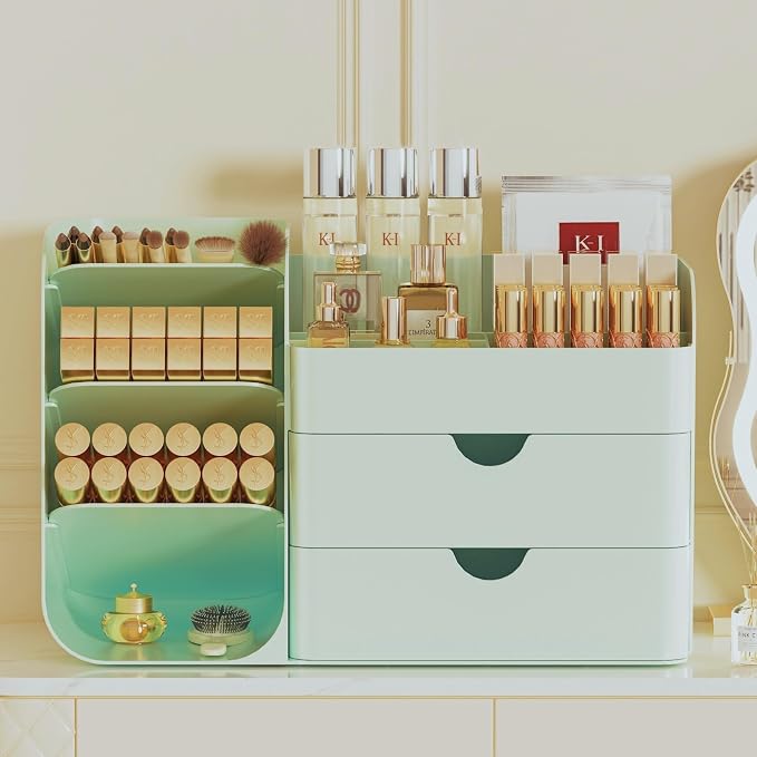 Makeup Organizer with Drawers, Large Capacity Countertop Organizer for Vanity, Bathroom and Bedroom Desk Cosmetics Organizer, Easy To Storage Skincare, Brushes, Eyeshadow, Lipstick (All Green)