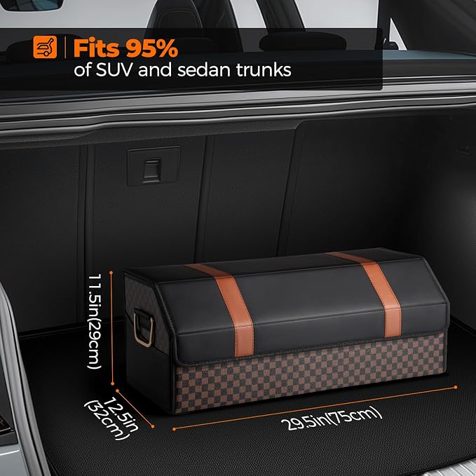 Fyzeoty Car Trunk Organizer for SUV and Sedan, Orange‑Stripe Plaid, 29.5 in | Dual‑Material Dual‑Tone Craft, Extra Large, Leather Storage Box, Magnetic Lid, Collapsible & Adj, Water‑Resist & Dust‑Proof