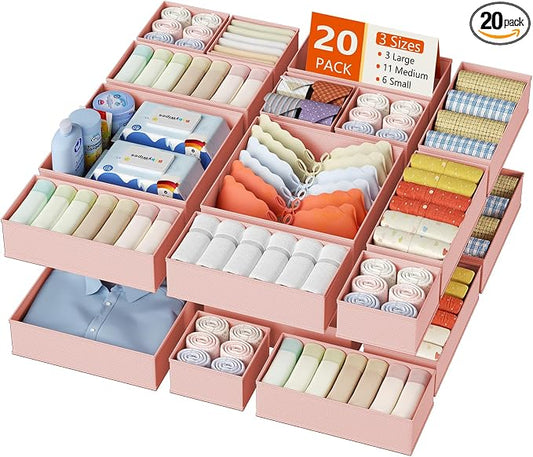 DIMJ Drawer Organizer Clothes, 20 Pack Dresser Organizer, Foldable Closet Organizers and Storage, Fabric Dresser Bins, Drawer Dividers for Nursery, Baby Clothes, Underwears, Sock (Pink)