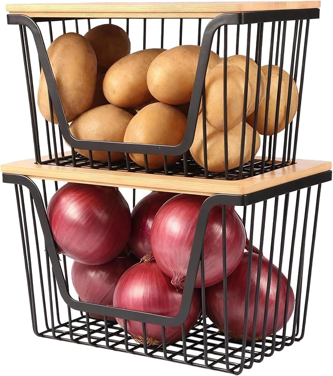 2 PACK Pantry Organizers and Storage, Stackable Onion Potato Bins | Large Wire Storage Basket, Breathable Design for Onion, Potato, Garlic, Fruit, Vegetables Fresh, Kitchen Pantry Storage