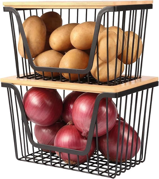 2 PACK Pantry Organizers and Storage, Stackable Onion Potato Bins | Large Wire Storage Basket, Breathable Design for Onion, Potato, Garlic, Fruit, Vegetables Fresh, Kitchen Pantry Storage