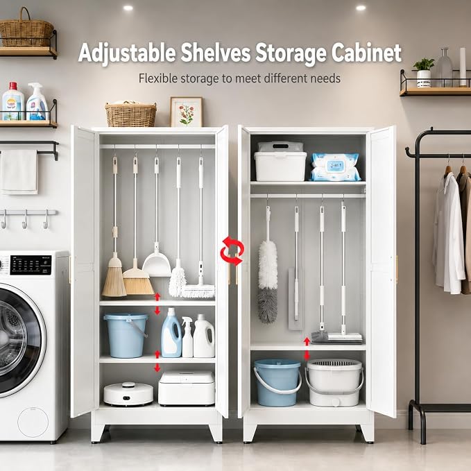 71" H White Pantry Cabinet,Metal Storage Cabinets with Doors and Shelves,Tall Food Kitchen Cabinets,Farmhouse Kitchen Cabinet,Freestanding Cabinet