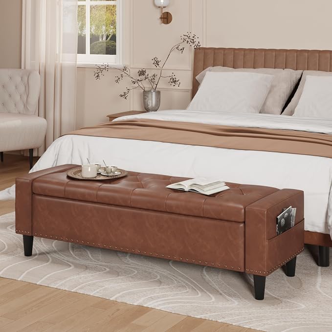 60" Storage Ottoman Bench, Faux Leather Upholstered Bed Bench with Tufted Buttons and Nailhead Trim, Large Ottoman with Storage for King Size End of Bed, Bedroom, Entryway, Hallway (brown)