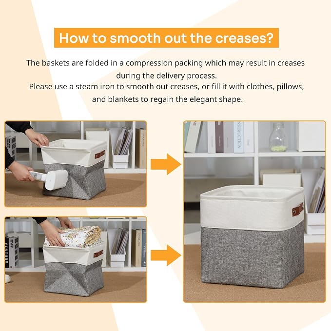 DULLEMELO 11 Inch Cube Storage Bins (Set of 4), Fabric Storage Baskets for Standard Cube Organizers, High-Capacity Collapsible Bins with PU Leather Handles for Closet, Nursery, and Shelves-White&Grey