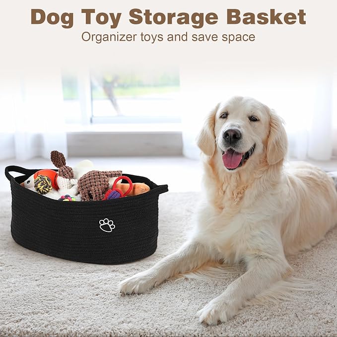 Optish Dog Toy Basket, 30L Toy Box and Bin for Dog Cat Storage, 19.7" X 11" X 7.9" Large Woven Rope Basket for Blankets, Living Room, Bedroom, Black