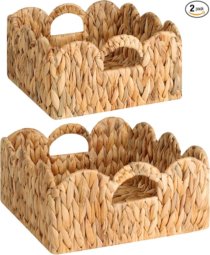 StorageWorks Scalloped Wicker Basket, Woven Baskets for Storage, Rattan Baskets with Handles, Water Hyacinth Basket for Organizing and Decor, 2 Pack
