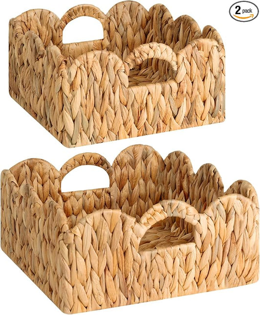 StorageWorks Scalloped Wicker Basket, Woven Baskets for Storage, Rattan Baskets with Handles, Water Hyacinth Basket for Organizing and Decor, 2 Pack