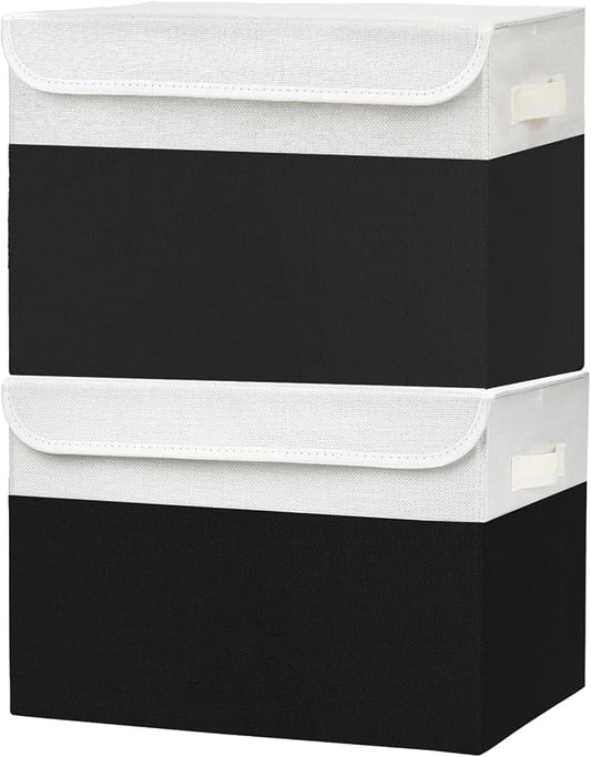 Bagnizer Large 42 Quarts Fabric Storage Bins with Lids [2-Pack] Linen Collapsible Foldable Baskets, Closet Organizer Containers boxes with Handles for Home Office (16.7 x 12 x 12, Black & White)