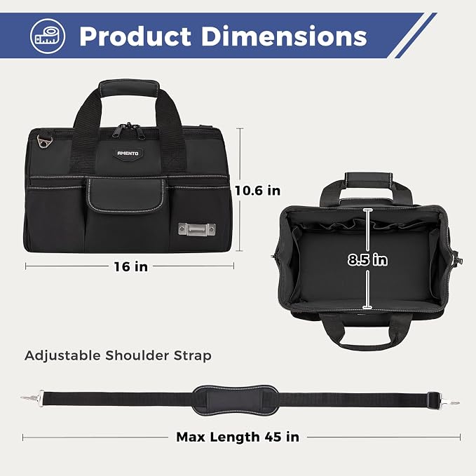 16-Inch Heavy Duty Tool Bag, 22 Pockets Empty Tool Box Organizer Storage, Soft Tote Toolbox Organization Portable Handle Carrying Work Toolbag for Electrician Mechanic, Dad Men Gifts, Black