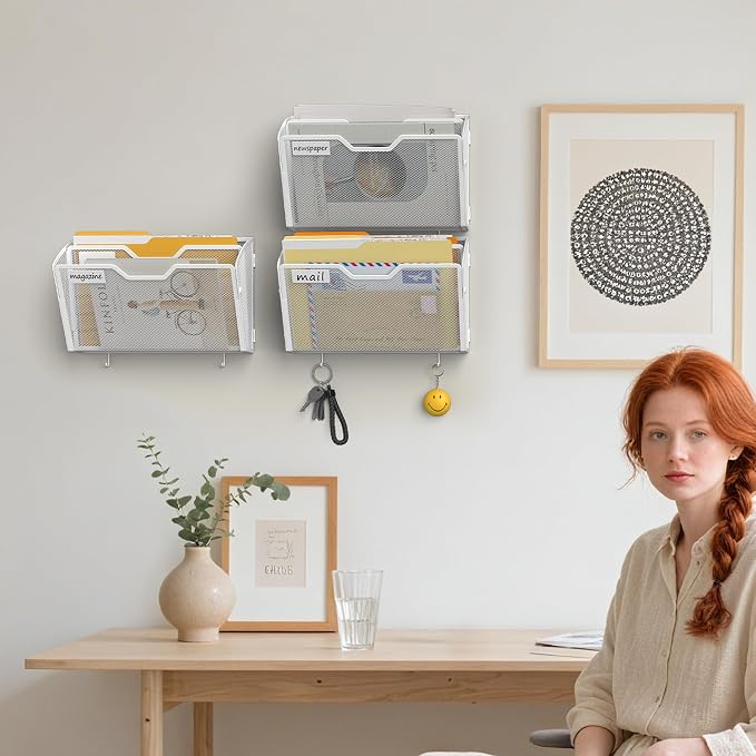 Docnest 3 Pack 2 Tier Mesh Wall File Holders with Hooks for Mail, White | Space-saving vertical design with utility hooks. Ideal paper document organizer for office, home, and school