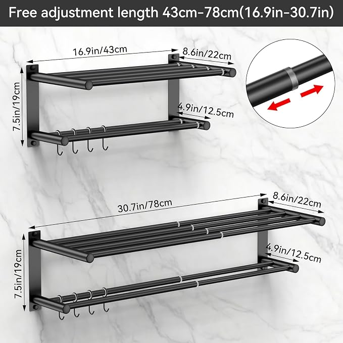 CAXIMSY Black Adjustable Black Towel Bar for Bathroom Wall Mount17-30.7inch Adhesive Shower Towel Rack Stainless Steel Bath Towel Holders for Toilet Kitchen Double Towel Hanger