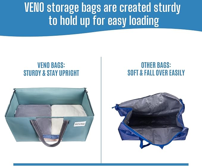 VENO Moving Bags, Wide Open Top, Clear Window, Light Blue, 4 Pack | Moving boxes Alternative, Heavy Duty, Storage Bags, Clothes and Comforter Storage, Packing Supplies, College Dorm Essentials