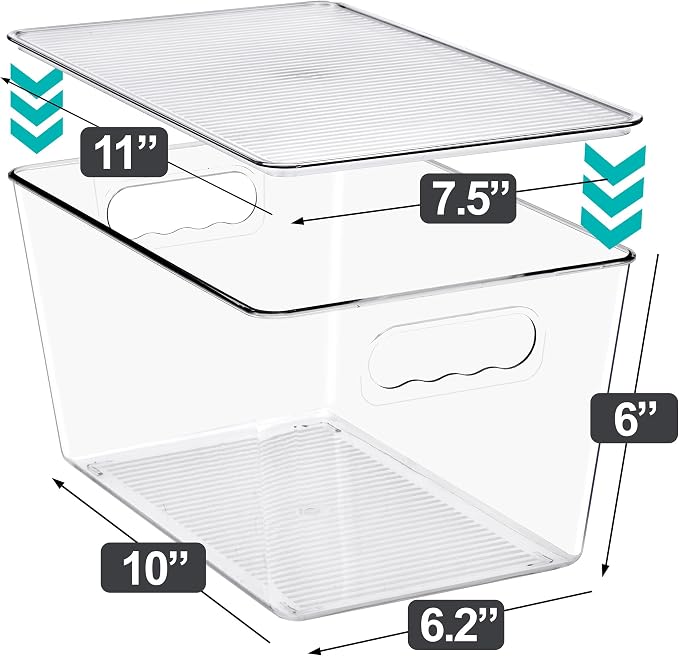 Clear Storage Bins with Lids, 10 Pack Large Stackable Clear Bins, Clear Storage Containers with Lids, Plastic Organizer Boxes for Pantry Storage, Kitchen Cabinets, Closet Organization, Bathroom