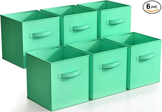 Sorbus Foldable Storage Cubes - 6 Fabric Baskets for Organizing Pantry, Closet, Shelf, Nursery, Playroom, Toy Box, Cubby - 11 Inch Dual Handle Collapsible Closet Organizers and Storage Bins (Teal)
