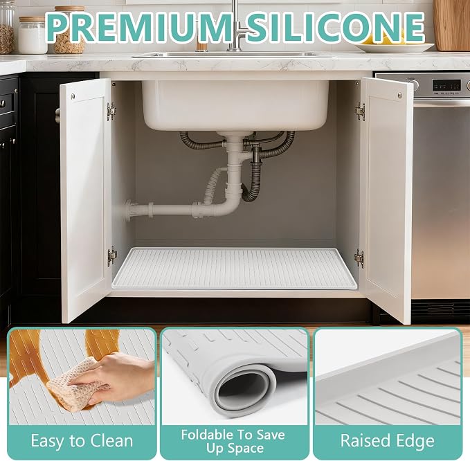 24" x 24" Under Sink Mat for Kitchen Waterproof Raised Edge White | Under Sink Organizer Silicone Mat Sink Protector Silicone Organizers Tray for Kitchen Bathroom