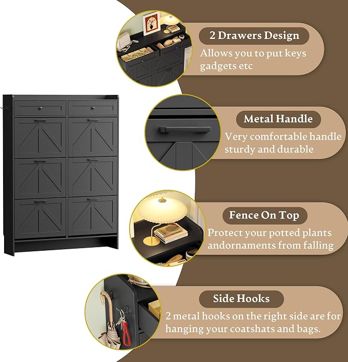 BORNOON Shoe Cabinet for Entryway, Farmhouse Shoe Storage Cabinet with 6 Flip Drawers and 2 Top Drawers, Tall Narrow Shoe Organizer Cabinet with Adjustable Shelves, Side Hooks and Anti-Tip Kit