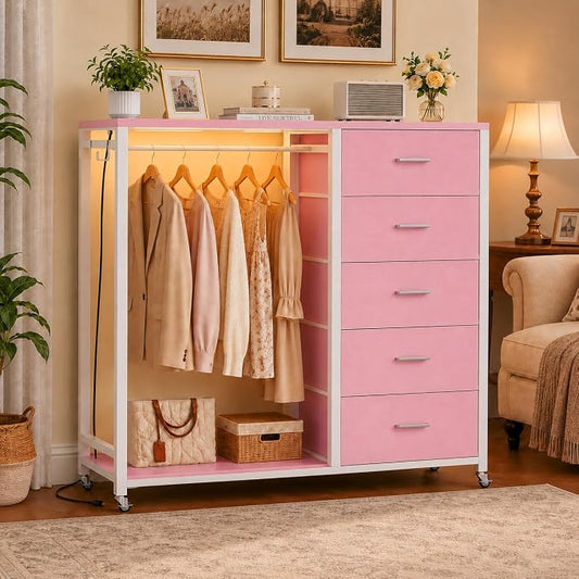 Cyclysio Storage Clothes Rack with 5 Drawers, Garment Rack with Charging Station & LED Lights, Fabric Chest Shelves Clothing Rack, Wooden Portable Wardrobe Closet