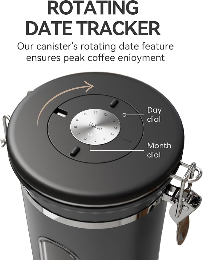 Veken Coffee Canister with Window,Airtight Stainless Steel Kitchen Food Storage Container, Date Tracker & Scoop for Grounds Coffee, Beans, Tea, Flour, Cereal,Sugar,22OZ,Grey (Pack of 2)
