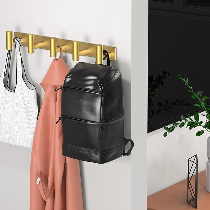 Wall Mounted Coat Rack-5 Hooks, Heavy Duty Stainless Steel Wall Hooks for Towel Coat Bag, Hat Rack Coat Hanger Coat Hooks Towel Racks for Bathroom Entryway Kitchen Hotel Office (Gold, 1 Pack)
