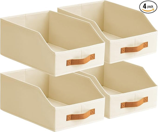 Fabric Storage Bins for Organizing - 4 Pack Large Trapezoid Collapsible Storage Bins with Front Handle, Closet Organizers and Storage for Bedroom, Home Shelves, Small Spaces, Beige