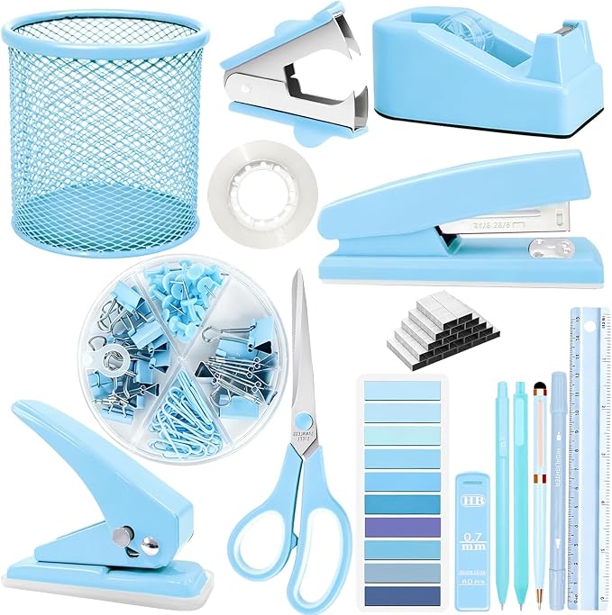 JIZHIYUAN Blue Desk Accessories Set - 16 Pcs Blue Office Supplies with Stapler, Tape Dispenser, Pen Holder, Staple Remover, Hole Punch, Practical Aesthetics Desk Sets for Office, Home, School Women