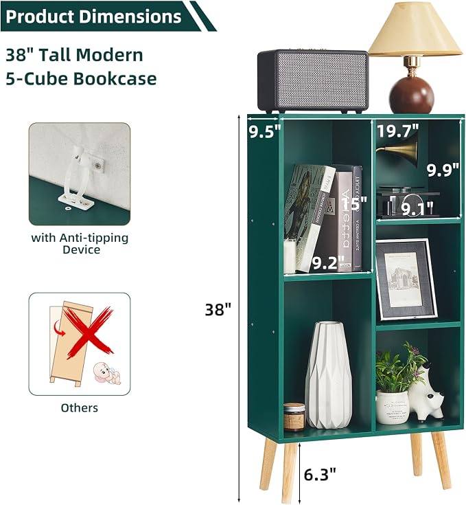 LEYAOYAO 5 Cube Bookshelf,Mid-Century Modern Bookcase with Legs,Dark Green | 3 Tier Book Shelf,Rustic Wood Bookshelves Freestanding Small Storage Organizer, Open Shelves for Bedroom, Living Room, Office