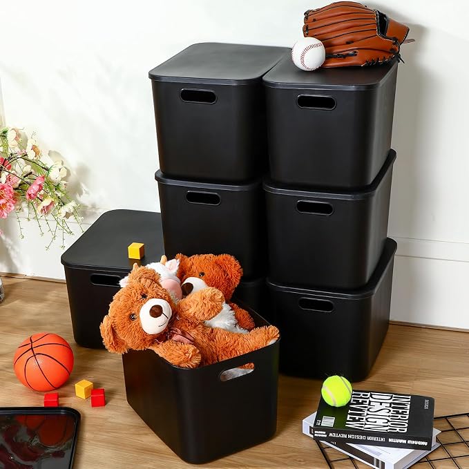 8 Pieces Colorful Storage Bins with Lid, Plastic Storage Basket Organizing Container Stackable Box with Handle for Shelves Desktop Playroom Office(14.2 x 10.2 x 9.5 Inch,Black)
