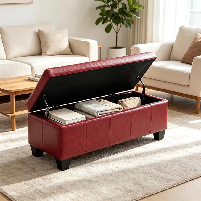 41.5 Inch Burgundy Red Faux Leather Storage Ottoman Bench Accent Furniture | 2.8 cu ft hidden storage,660 lbs weight capacity,solid wood legs,decorative piece for living room bedroom