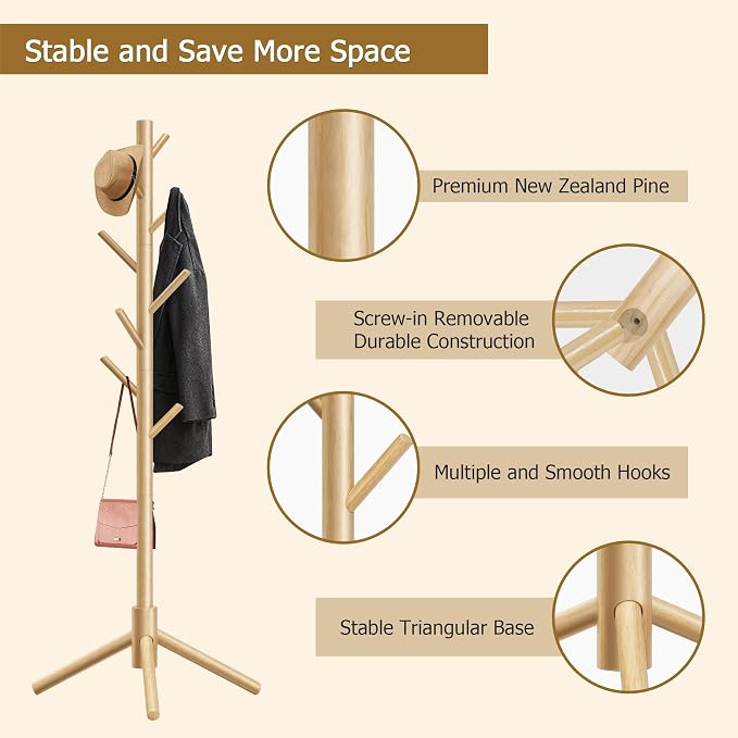 8-Hook Freestanding Coat Rack 3 Adjustable Heights Nature 2PCS | Easy Tool-Free Setup,Ideal for Entryway Bedroom Hallway Office,Holds Clothes Hats Handbags,Space-Saving Vertical Design